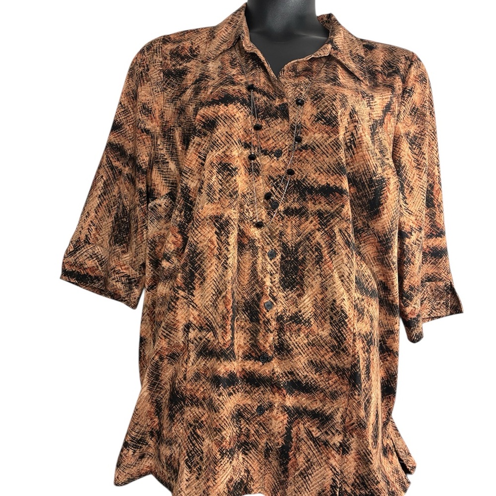Essentials button front blouse with attached necklace 1X